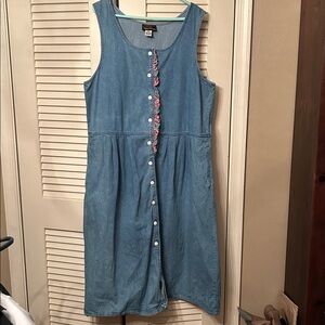 Blue Denim Sleeveless Button-Front Midi Dress Jumper size 18W. 15” gathered trim